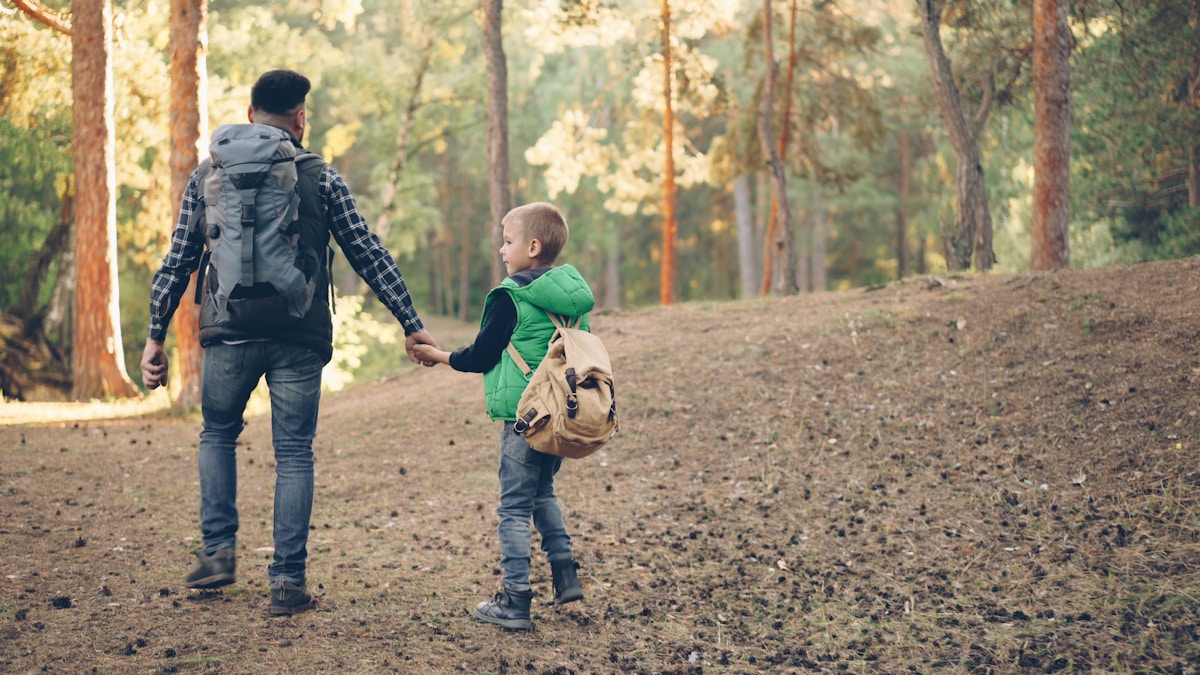 A father and his son walking hand in hand on a forest trail